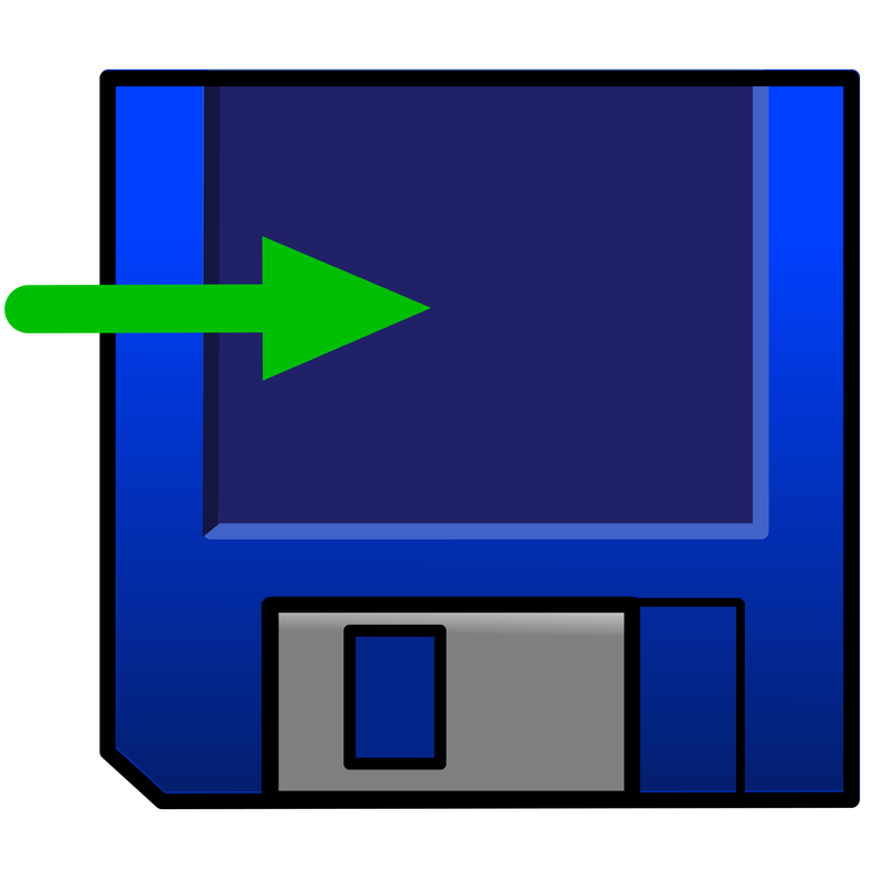 a blue floppy disk 'save' icon with a green arrow pointing to it